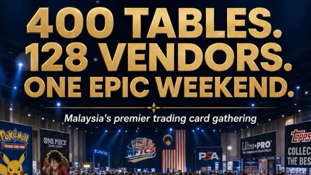 Crowded MFTCS trading card show vendor floor with 400 tables and 128 vendors